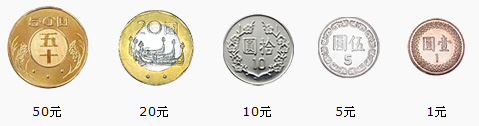 新台幣的硬幣分成：50元、20元、10元、5元、及1元。